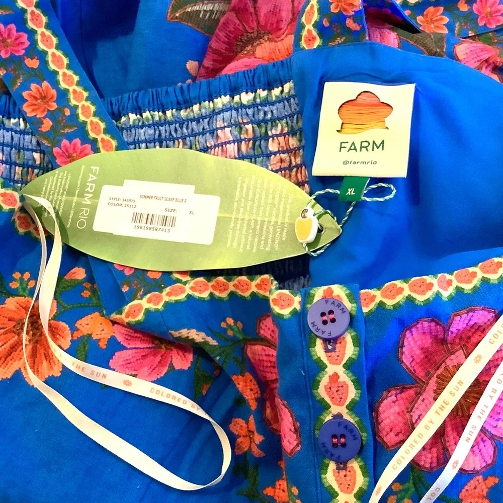 FARM RIO Blue Summer Fruit Scarf Romper
 FloraL Square Neck Wide Straps Beading - Picture 15 of 16